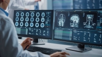Scientist looking at brain scans.